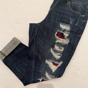 Torrid Premium Woman’s Destructed Buffalo Plaid Patch Boyfriend Dark Jean Sz 14